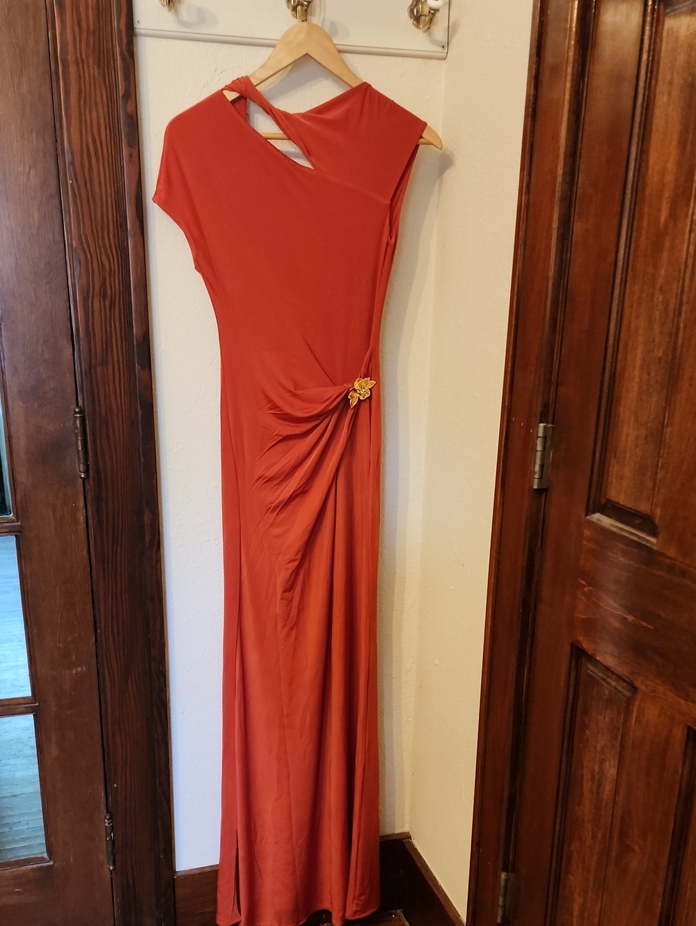 Meshki Rust Orange Maxi Dress with Side Brooch